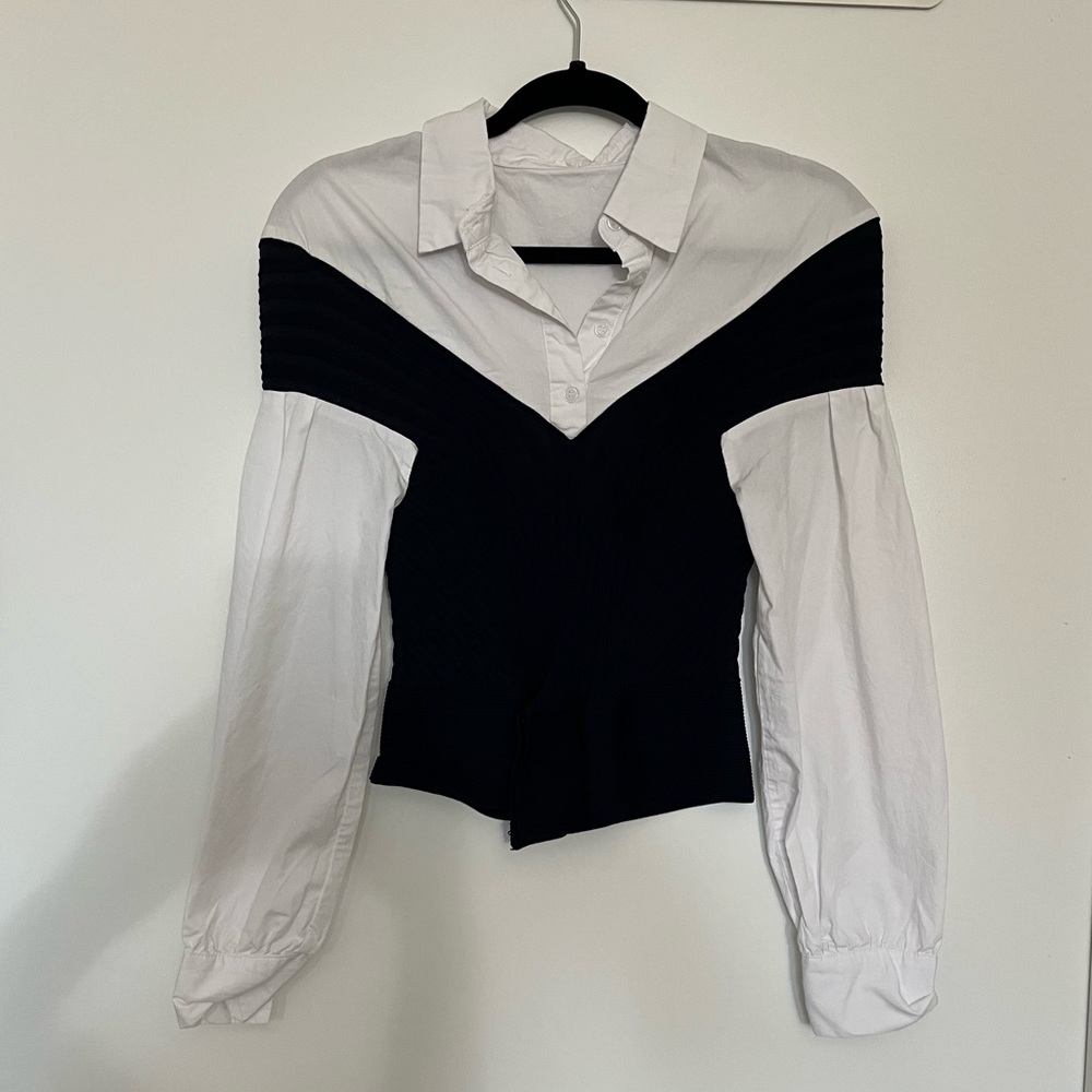 White button down with attached sweater vest